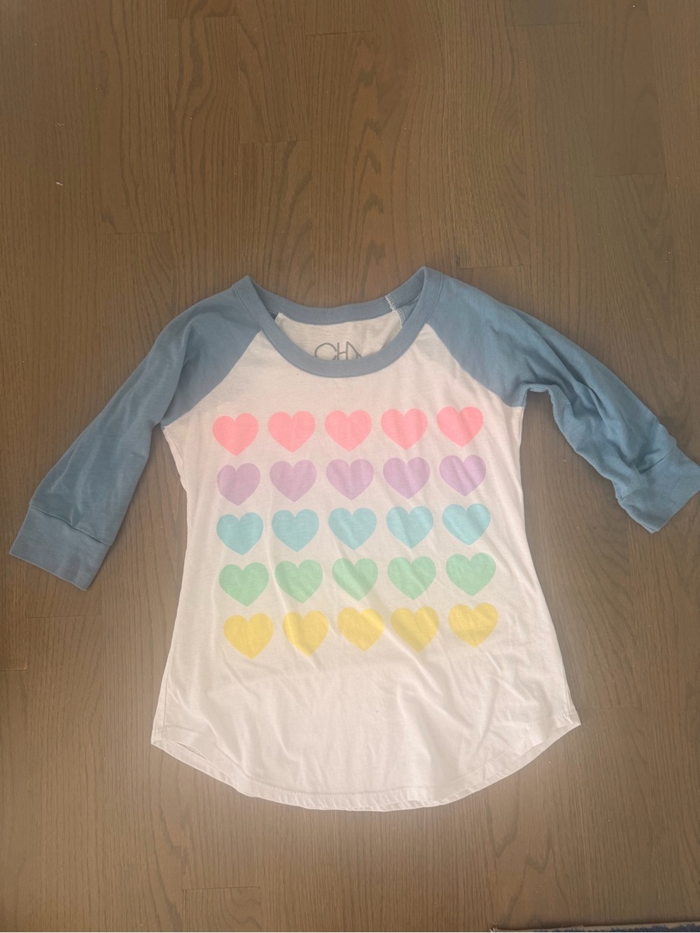 Chaser Girls Raglan Tee with Pastel Heart Rows - Blue Sleeves